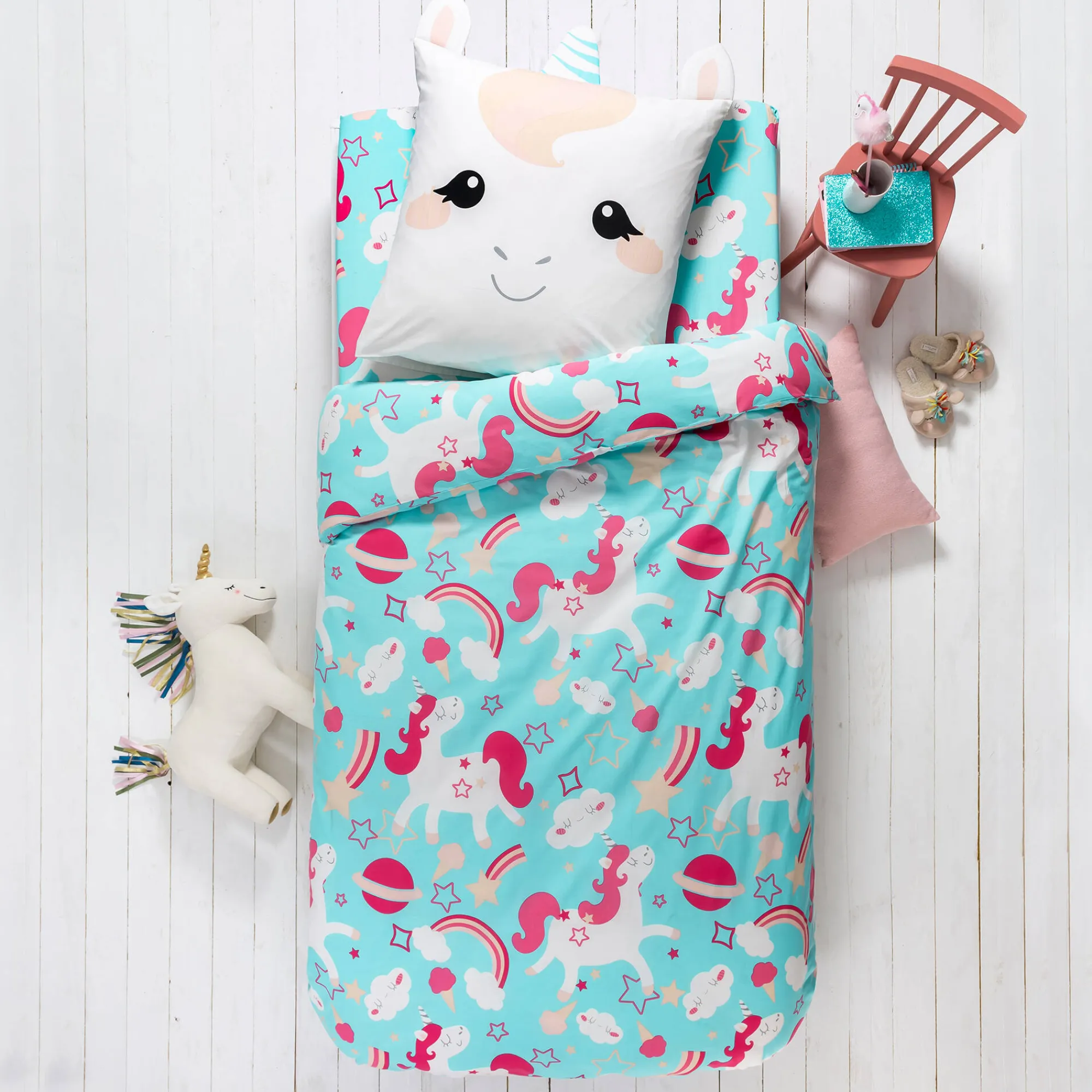 Bedlinnenset Kids|Bedlinnenset Kids<Colombine des petits Bedlinnen voor kinderen met Eenhoornmotief in biologisch katoen, eco-verantwoord blauw