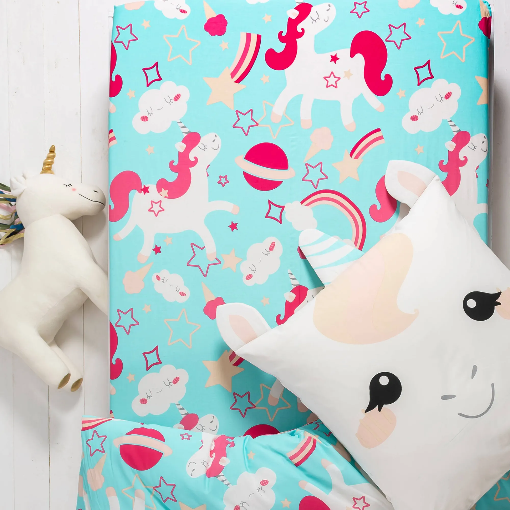 Bedlinnenset Kids|Bedlinnenset Kids<Colombine des petits Bedlinnen voor kinderen met Eenhoornmotief in biologisch katoen, eco-verantwoord blauw