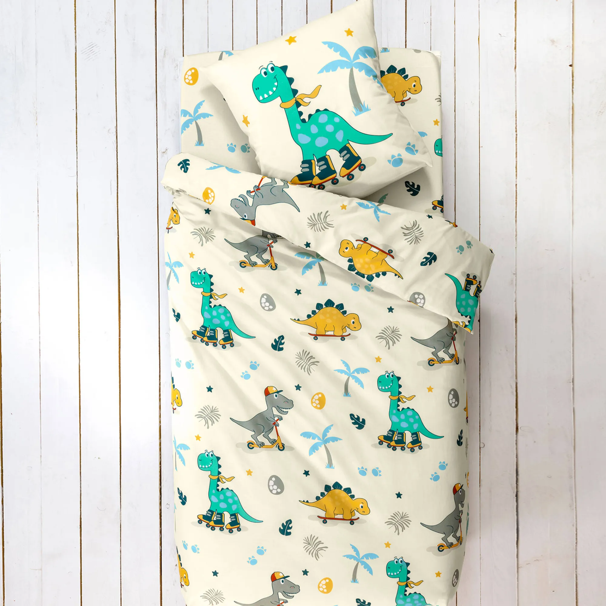 Bedlinnenset Kids|Bedlinnenset Kids<Colombine des petits Bedlinnen voor kinderen met skatemotieven, Dinoroul, 1 persoon - katoen wit