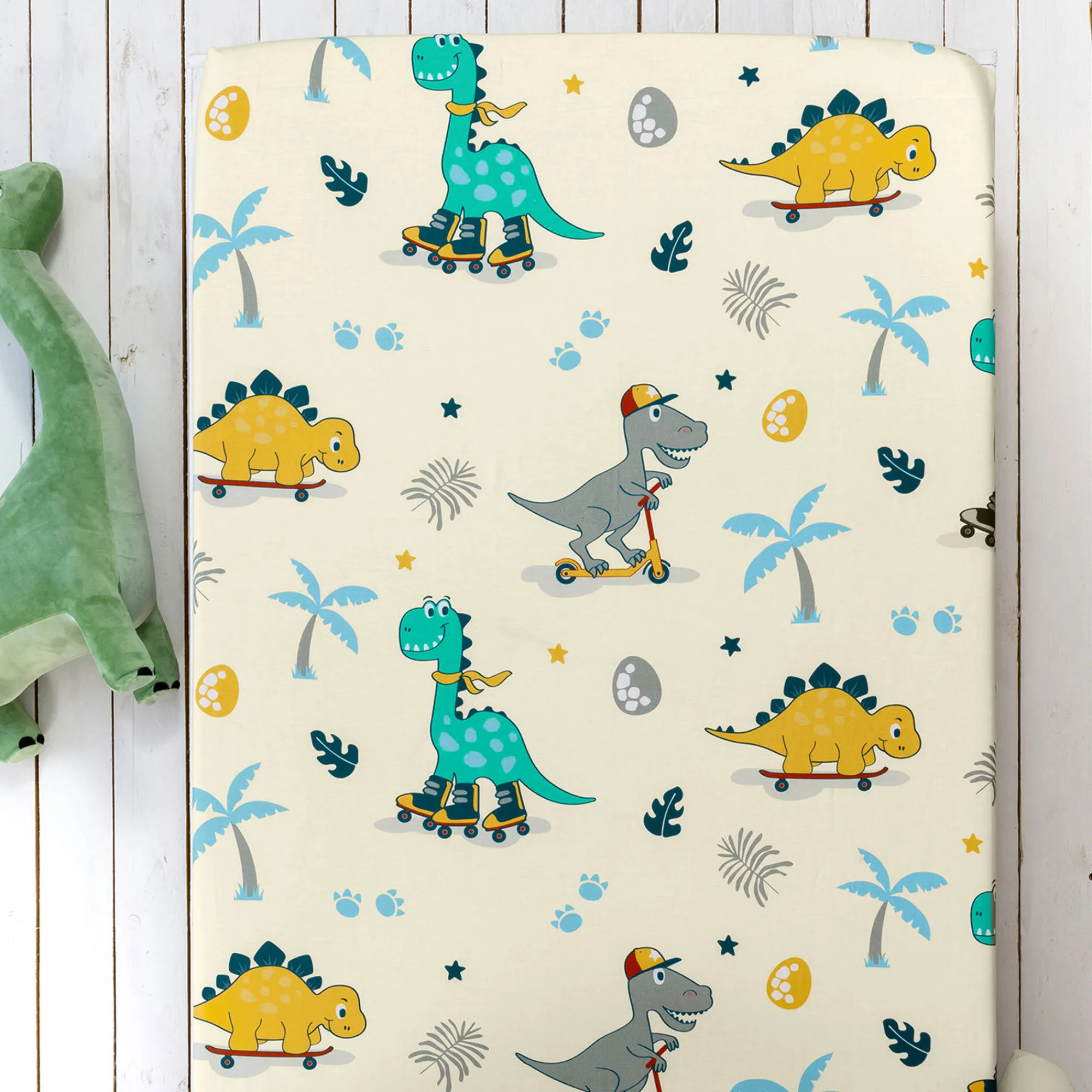 Bedlinnenset Kids|Bedlinnenset Kids<Colombine des petits Bedlinnen voor kinderen met skatemotieven, Dinoroul, 1 persoon - katoen wit
