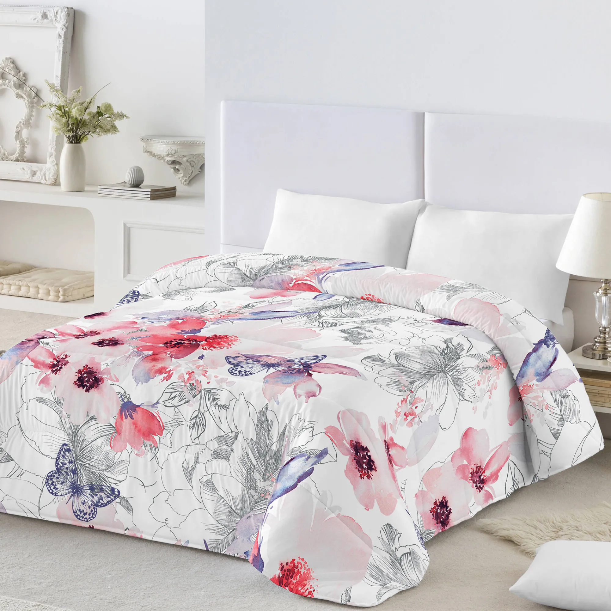 Dekbed<Blancheporte Bedrukt dekbed in katoen Fleurs 200g/m2 rood / grijs