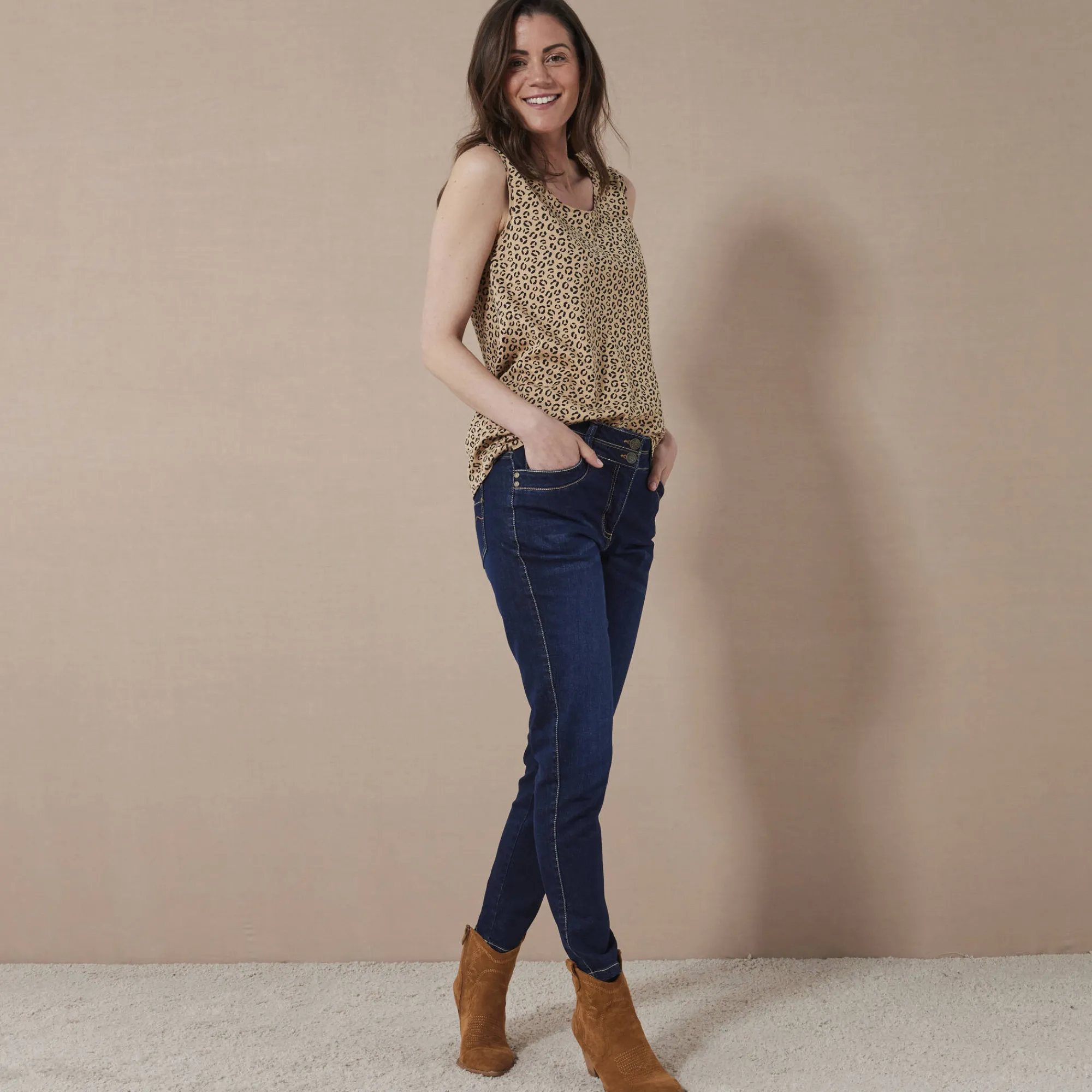 T-Shirt En Topje<Blancheporte Bedrukt topje met brede bandjes beige / zwart