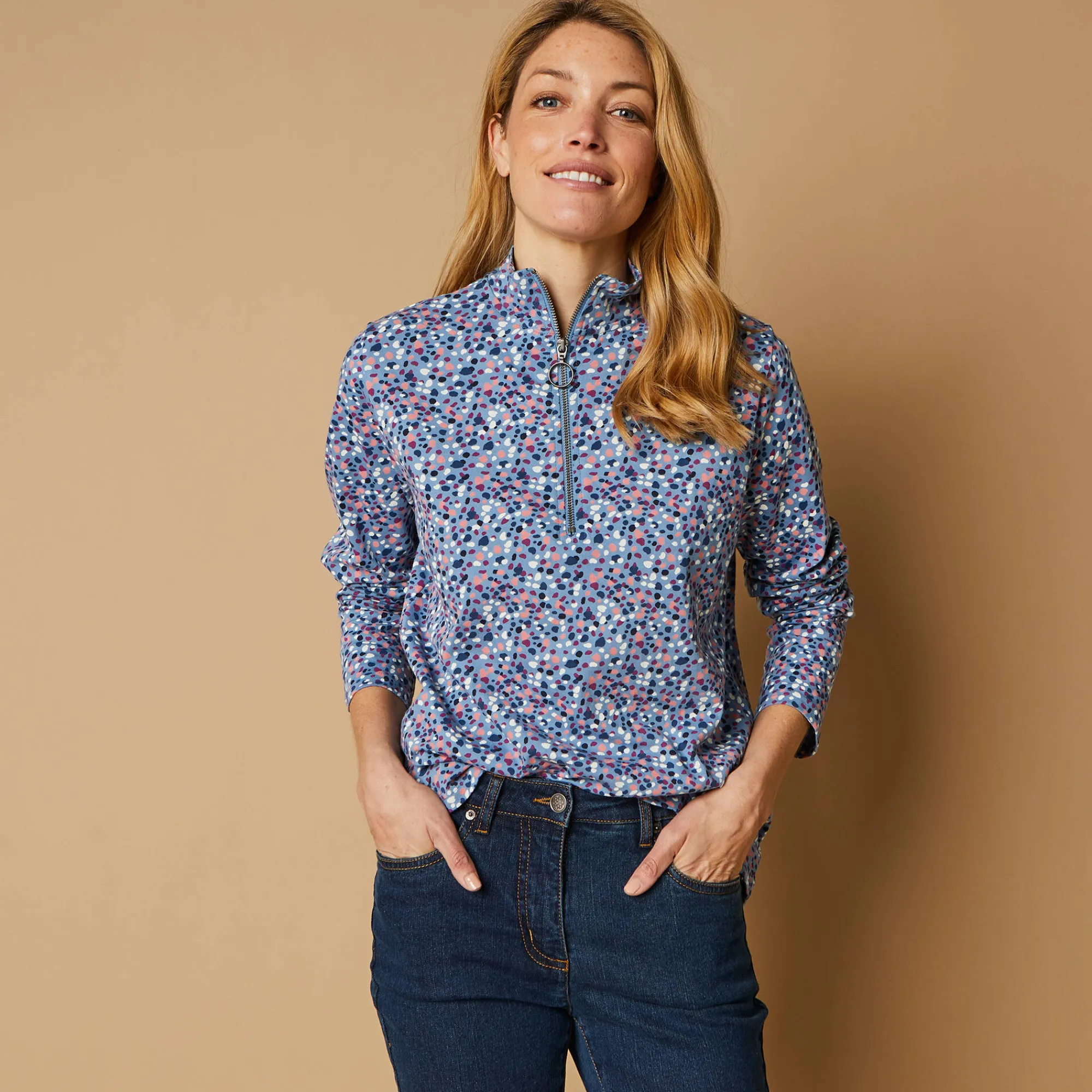 T-Shirt En Topje<Blancheporte Bedrukt T-shirt met opstaande ritskraag grijsblauw
