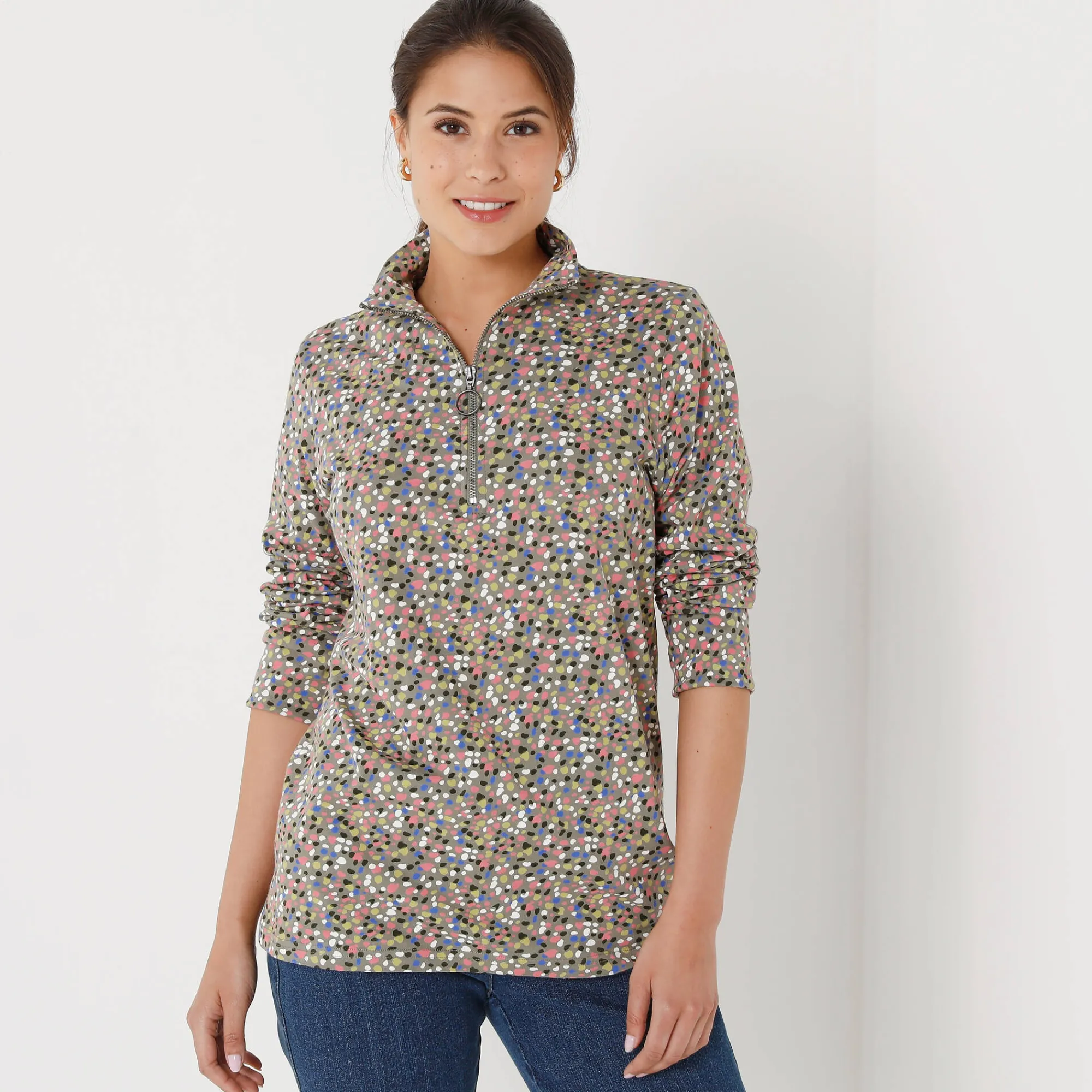 T-Shirt En Topje<Blancheporte Bedrukt T-shirt met opstaande ritskraag kaki