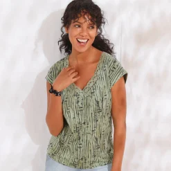 T-Shirt En Topje<Blancheporte Bedrukt T-shirt, V-hals in macramé en etnisch motief kaki / zwart