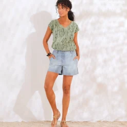 T-Shirt En Topje<Blancheporte Bedrukt T-shirt, V-hals in macramé en etnisch motief kaki / zwart