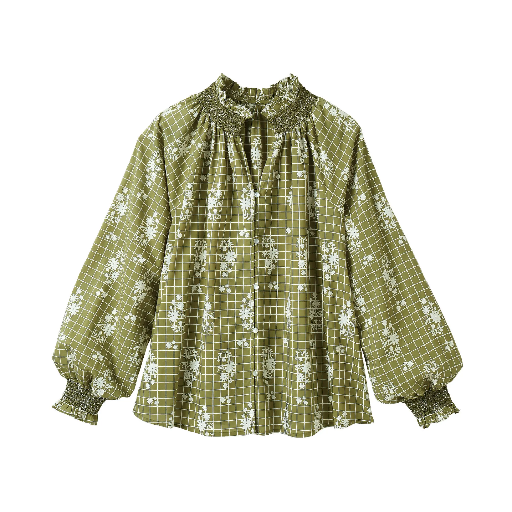 Bloes En Tuniek<Blancheporte Bedrukte bloes, details met smokwerk, bloezende mouwen groen / ecru