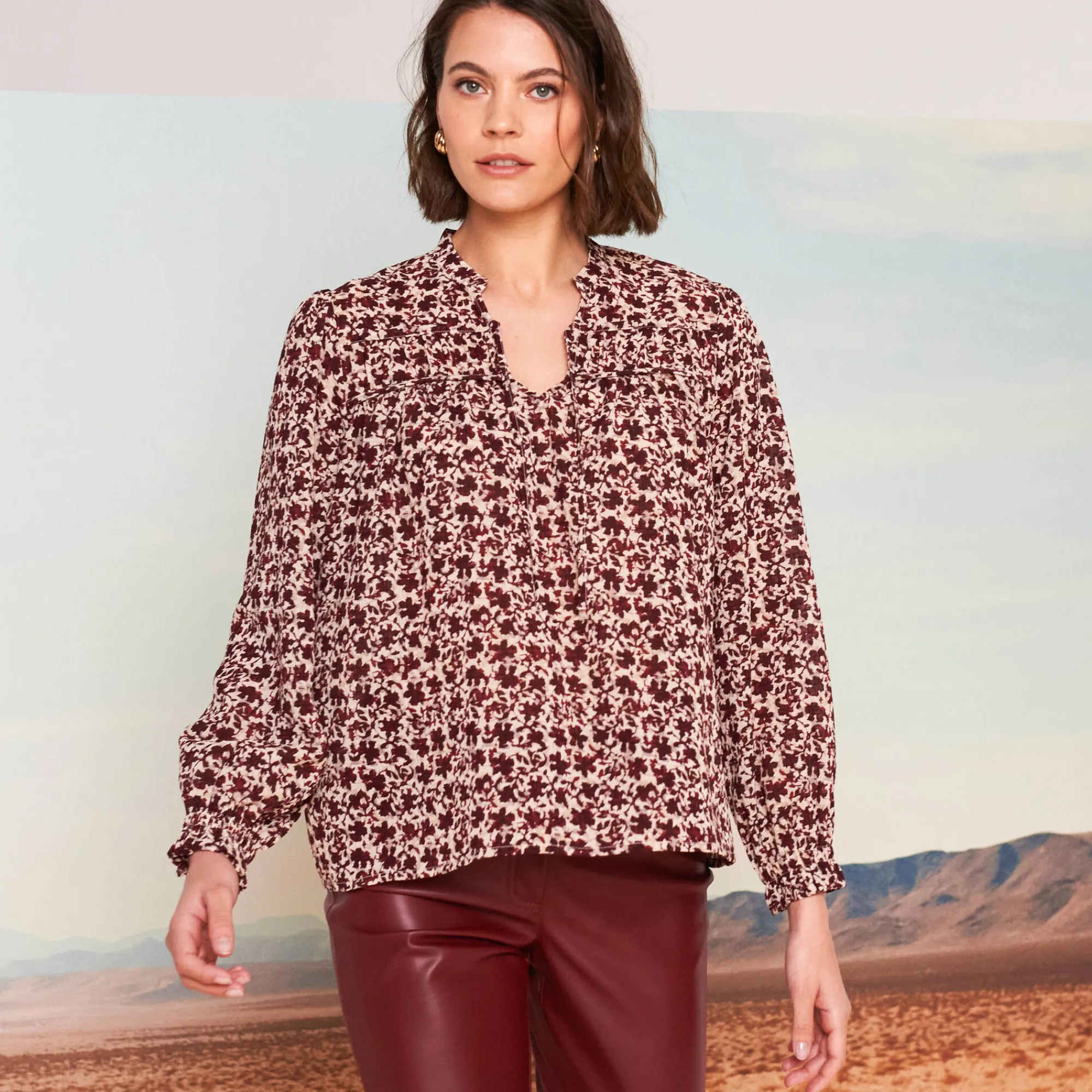 Bloes En Tuniek<Blancheporte Bedrukte bloes, details van striklintjes beige / bordeaux