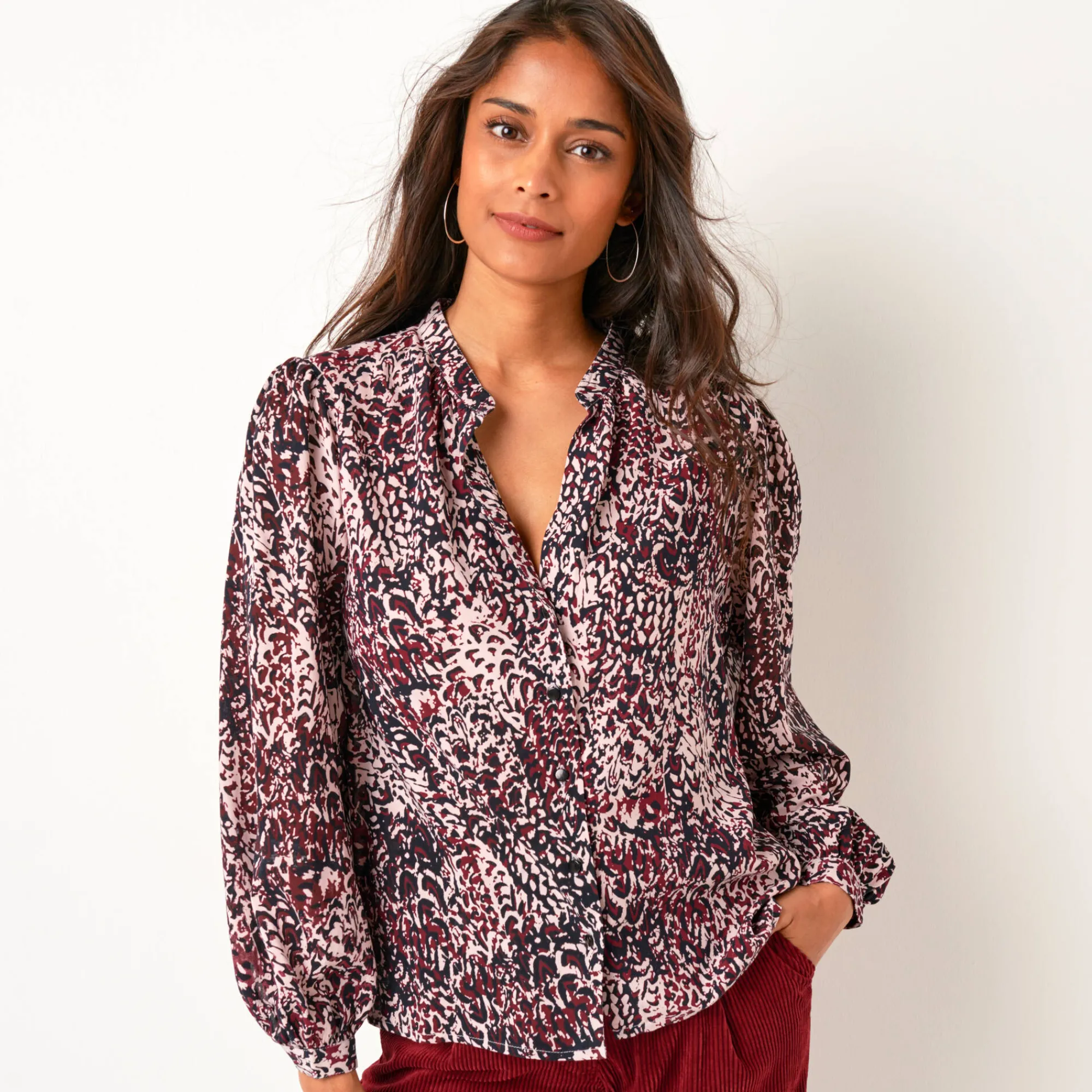 Feestoutfits Dames|Bloes En Tuniek<Blancheporte Bedrukte bloes, lange bloezende mouwen bordeaux / marine