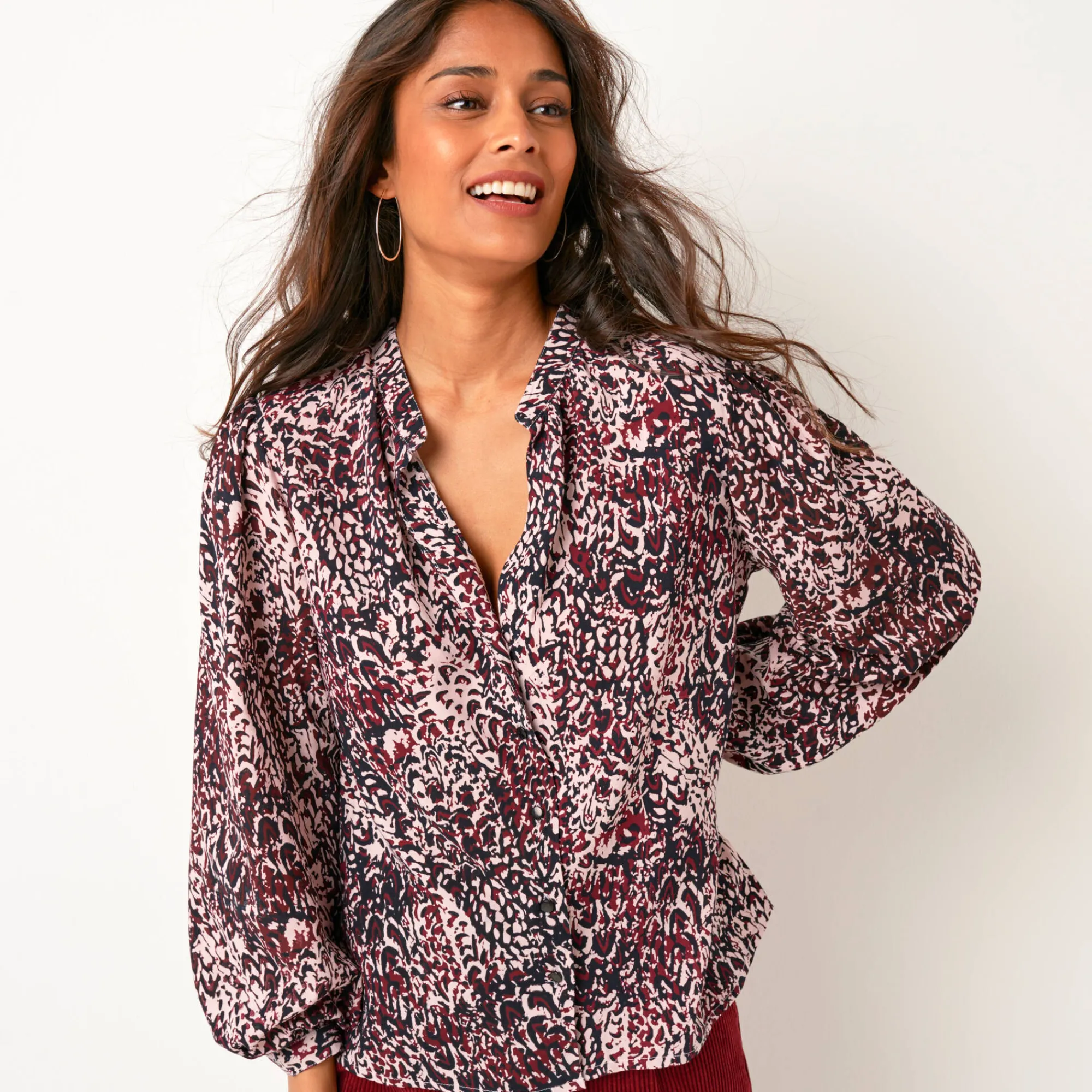 Feestoutfits Dames|Bloes En Tuniek<Blancheporte Bedrukte bloes, lange bloezende mouwen bordeaux / marine