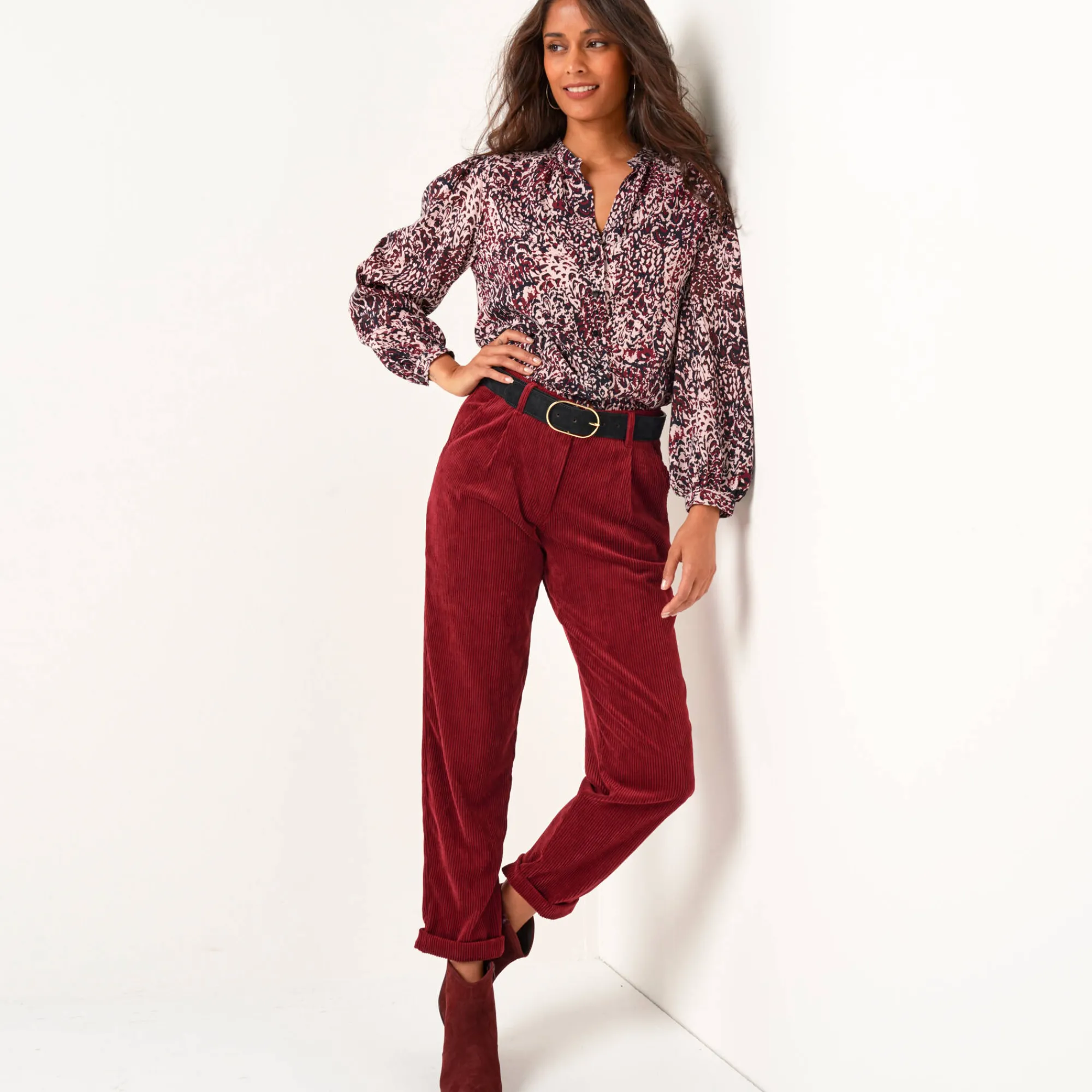 Feestoutfits Dames|Bloes En Tuniek<Blancheporte Bedrukte bloes, lange bloezende mouwen bordeaux / marine