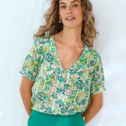 Bloes En Tuniek<Blancheporte Bedrukte bloes met knoopsluiting en bloezende mouwen, jacquardvoile groen