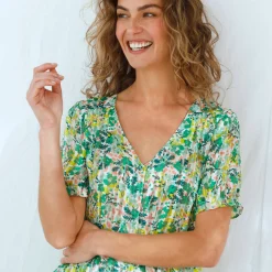 Bloes En Tuniek<Blancheporte Bedrukte bloes met knoopsluiting en bloezende mouwen, jacquardvoile groen