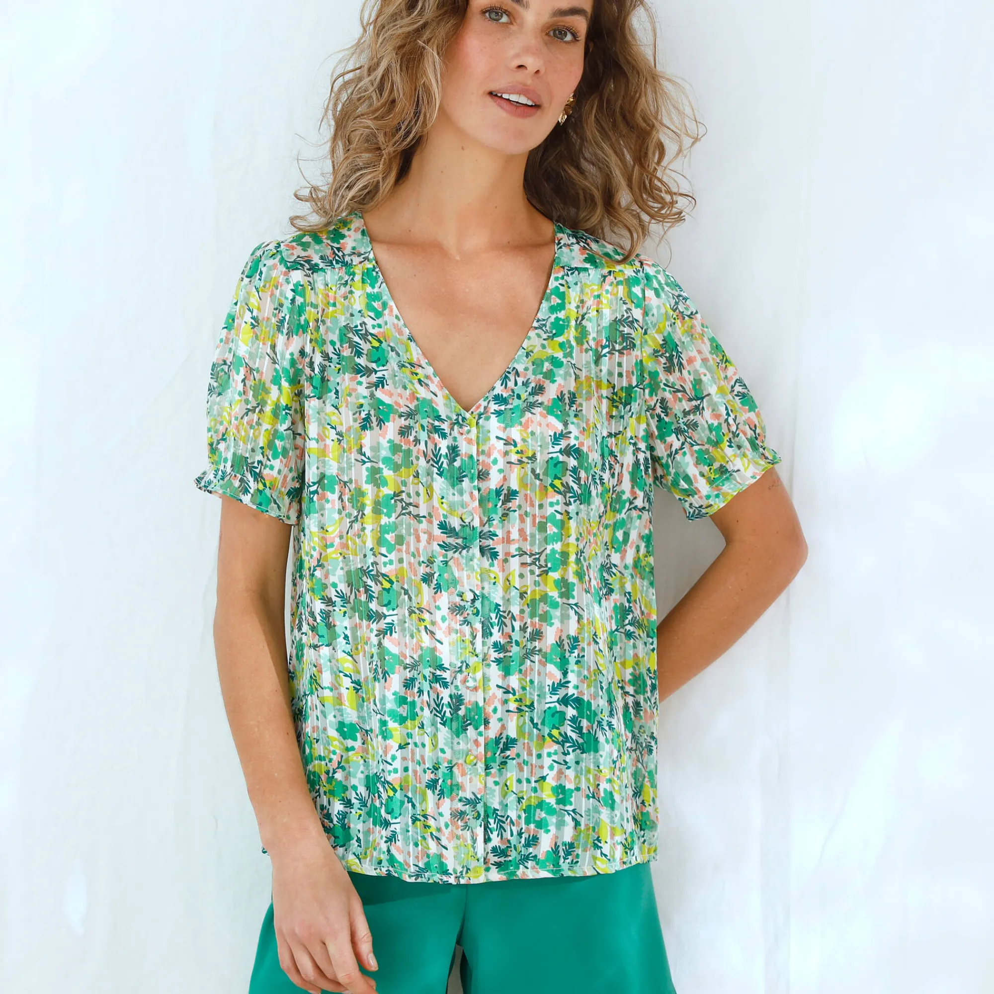Bloes En Tuniek<Blancheporte Bedrukte bloes met knoopsluiting en bloezende mouwen, jacquardvoile groen