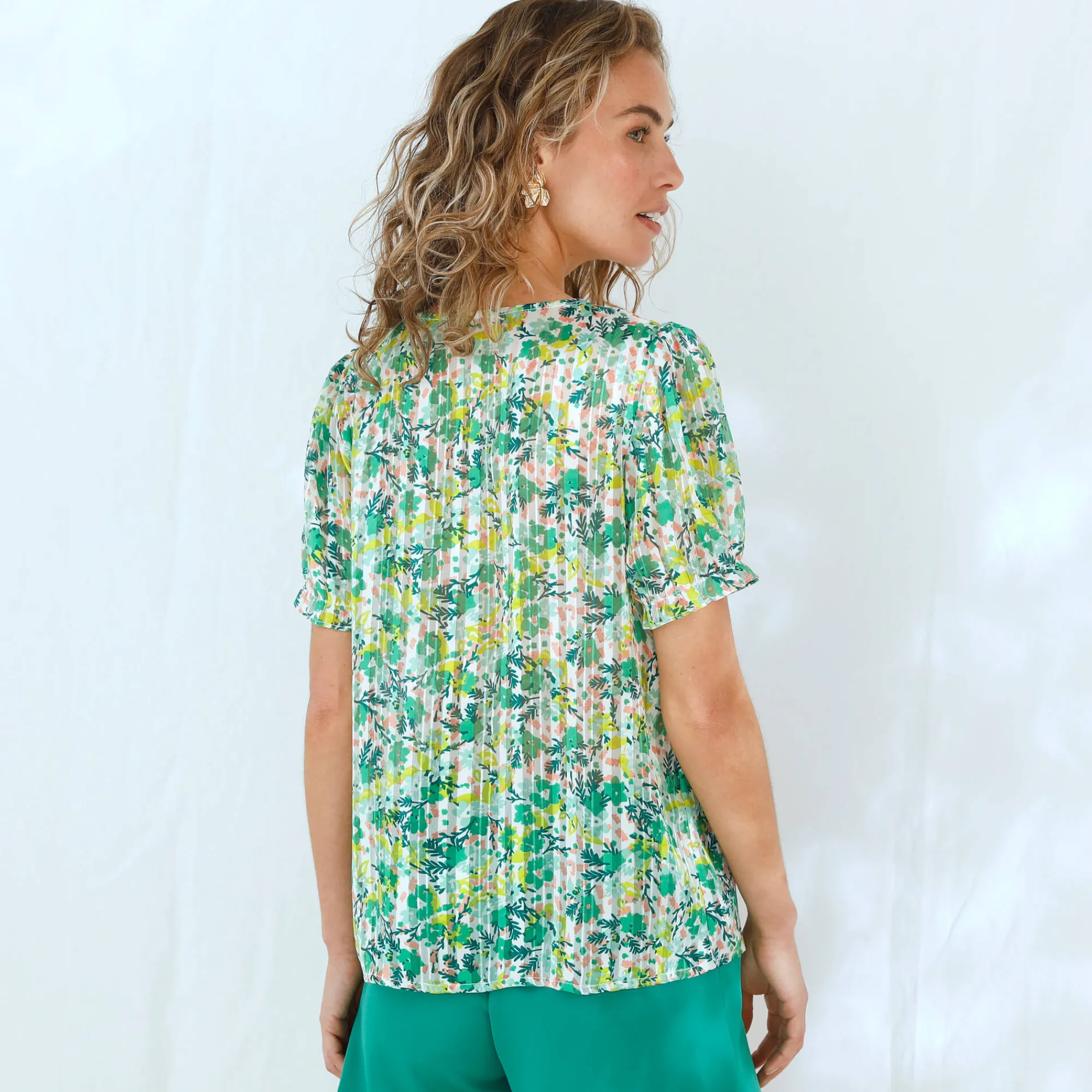 Bloes En Tuniek<Blancheporte Bedrukte bloes met knoopsluiting en bloezende mouwen, jacquardvoile groen