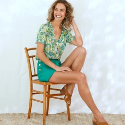 Bloes En Tuniek<Blancheporte Bedrukte bloes met knoopsluiting en bloezende mouwen, jacquardvoile groen