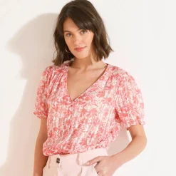 Jurk|Bloes En Tuniek<Blancheporte Bedrukte bloes met knoopsluiting en bloezende mouwen, jacquardvoile roze