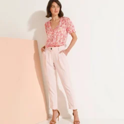 Jurk|Bloes En Tuniek<Blancheporte Bedrukte bloes met knoopsluiting en bloezende mouwen, jacquardvoile roze