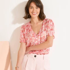 Jurk|Bloes En Tuniek<Blancheporte Bedrukte bloes met knoopsluiting en bloezende mouwen, jacquardvoile roze