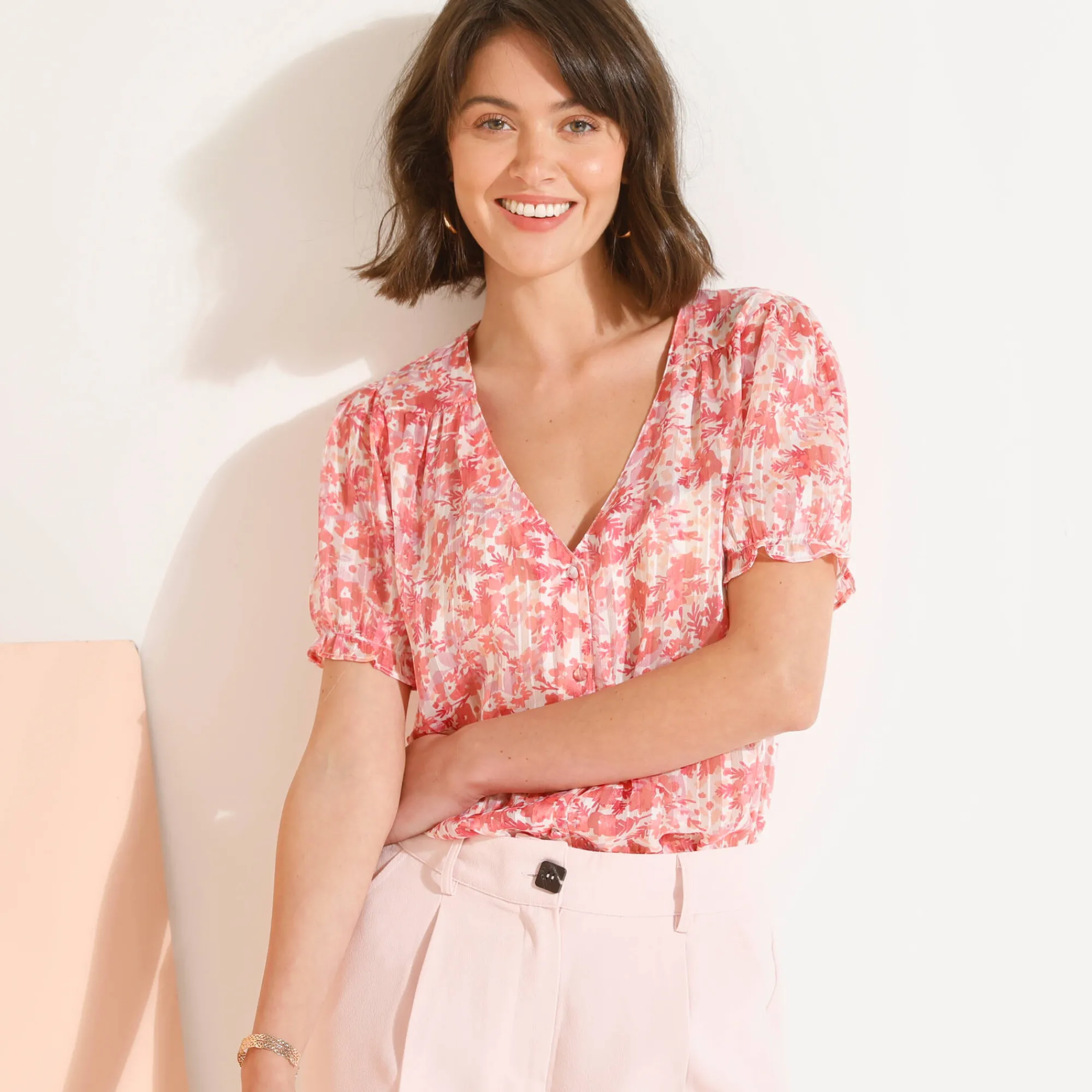 Jurk|Bloes En Tuniek<Blancheporte Bedrukte bloes met knoopsluiting en bloezende mouwen, jacquardvoile roze