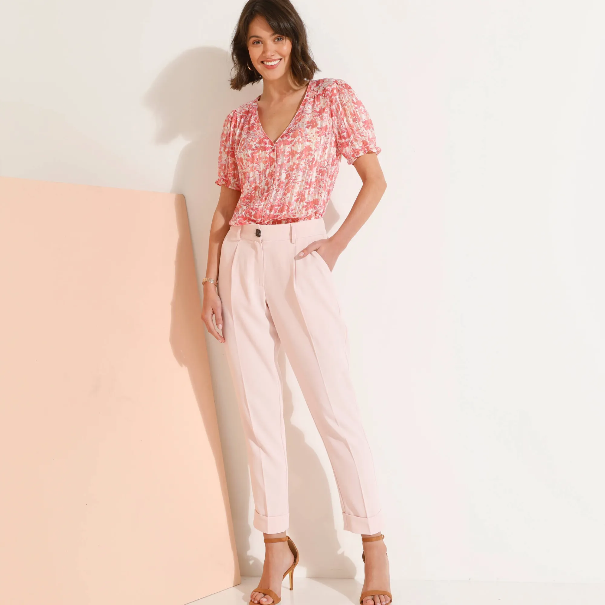 Jurk|Bloes En Tuniek<Blancheporte Bedrukte bloes met knoopsluiting en bloezende mouwen, jacquardvoile roze