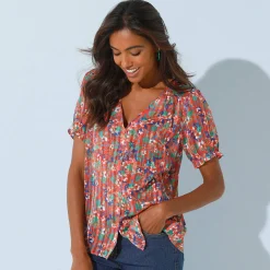 Bloes En Tuniek<Blancheporte Bedrukte bloes met knoopsluiting en bloezende mouwen, jacquardvoile perzik