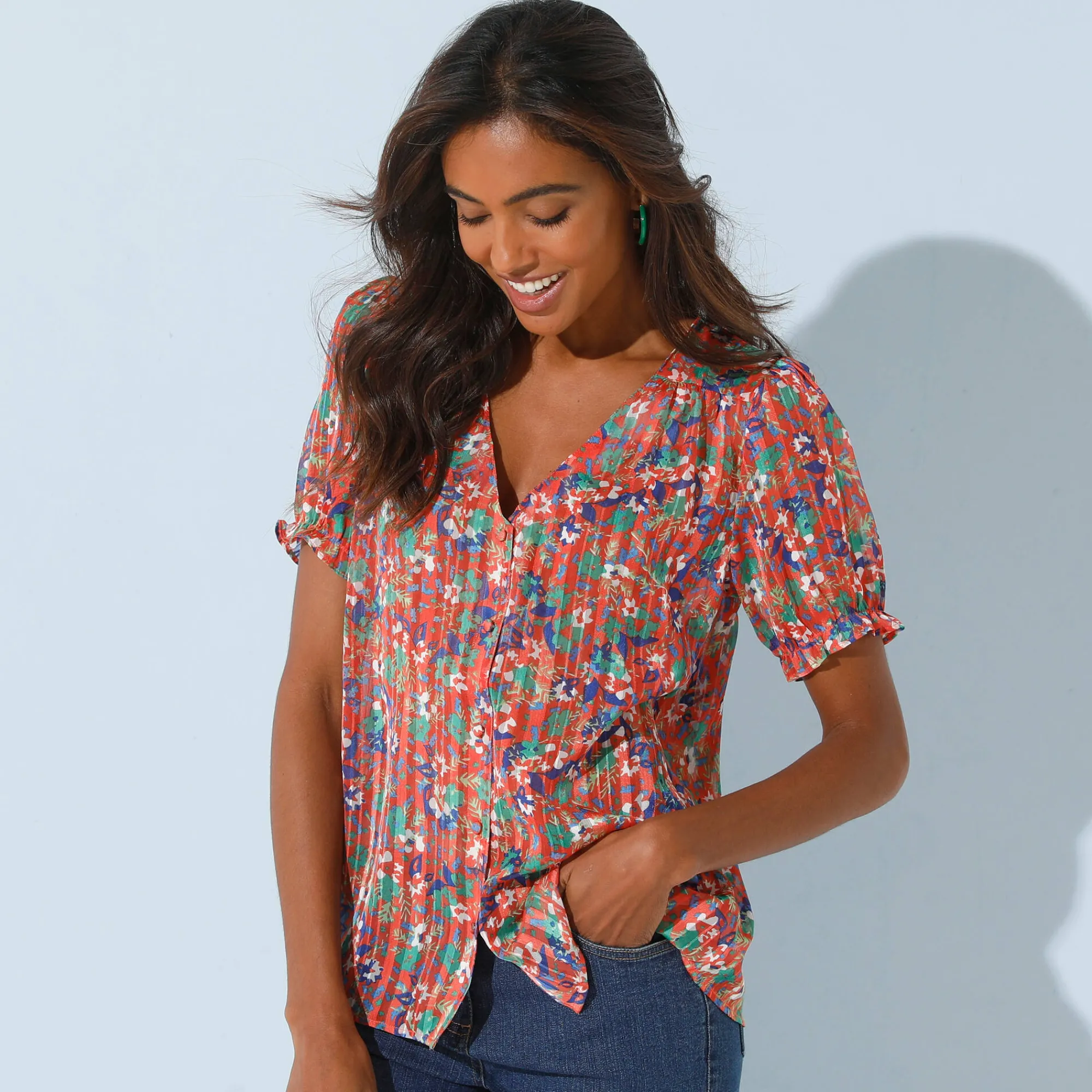 Bloes En Tuniek<Blancheporte Bedrukte bloes met knoopsluiting en bloezende mouwen, jacquardvoile perzik
