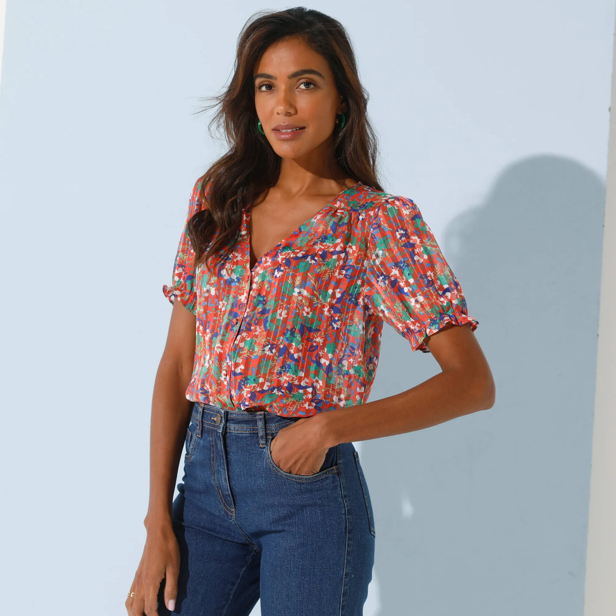 Bloes En Tuniek<Blancheporte Bedrukte bloes met knoopsluiting en bloezende mouwen, jacquardvoile perzik