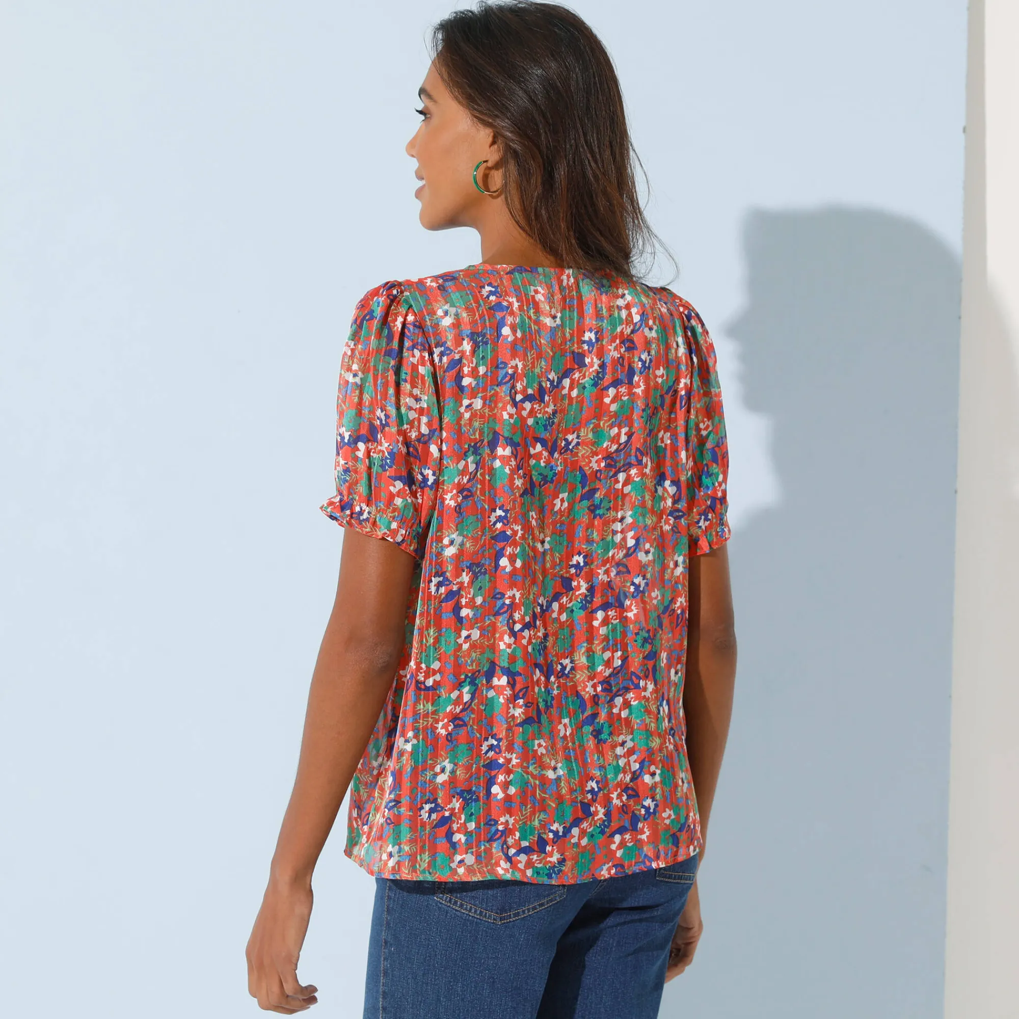 Bloes En Tuniek<Blancheporte Bedrukte bloes met knoopsluiting en bloezende mouwen, jacquardvoile perzik