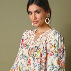 Bloes En Tuniek<Blancheporte Bedrukte bloes met macramé ecru / roze