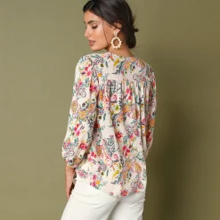 Bloes En Tuniek<Blancheporte Bedrukte bloes met macramé ecru / roze