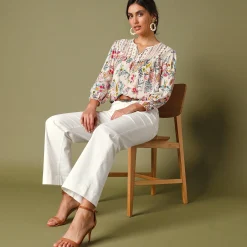 Bloes En Tuniek<Blancheporte Bedrukte bloes met macramé ecru / roze