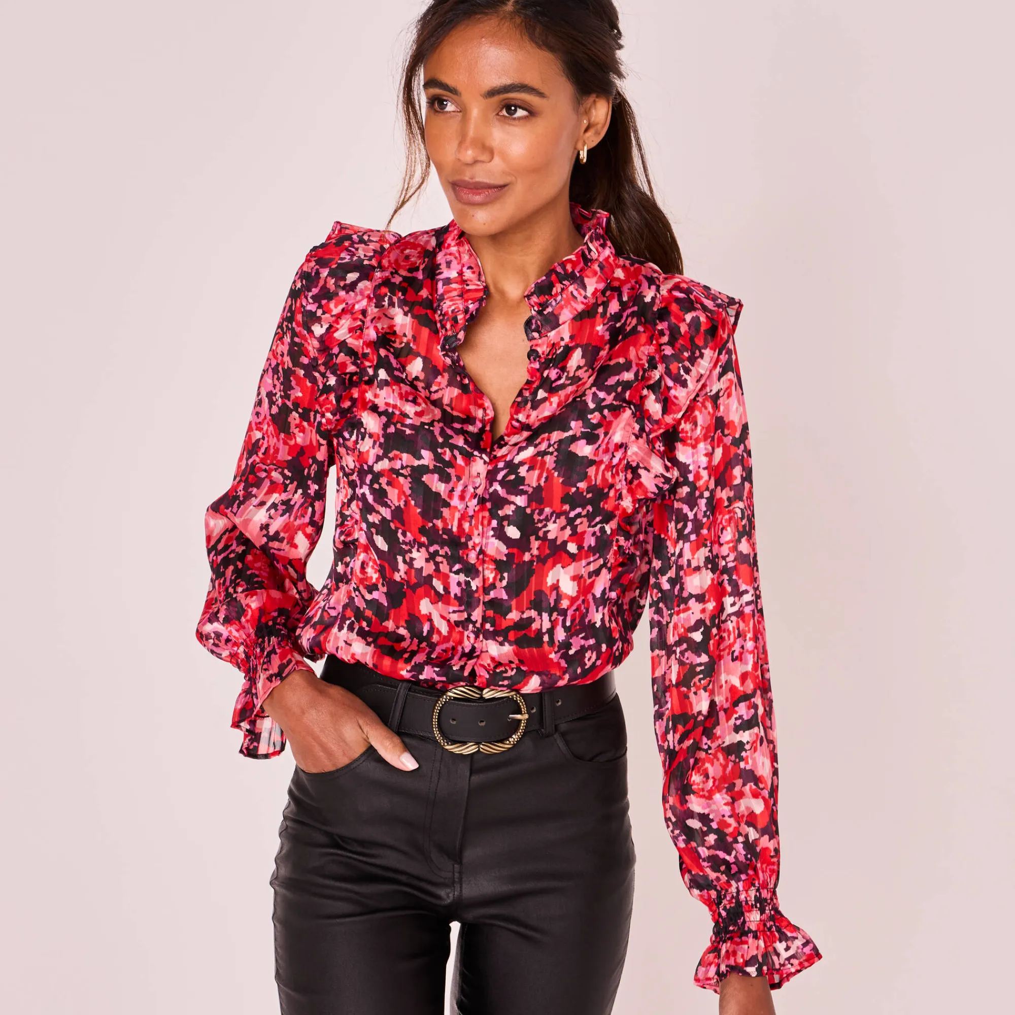 Feestoutfits Dames|Bloes En Tuniek<Blancheporte Bedrukte bloes met officierskraag en strookjes pruim / rood