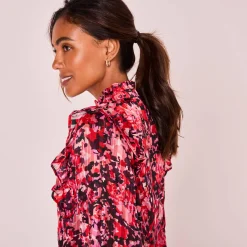 Feestoutfits Dames|Bloes En Tuniek<Blancheporte Bedrukte bloes met officierskraag en strookjes pruim / rood