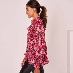 Feestoutfits Dames|Bloes En Tuniek<Blancheporte Bedrukte bloes met officierskraag en strookjes pruim / rood