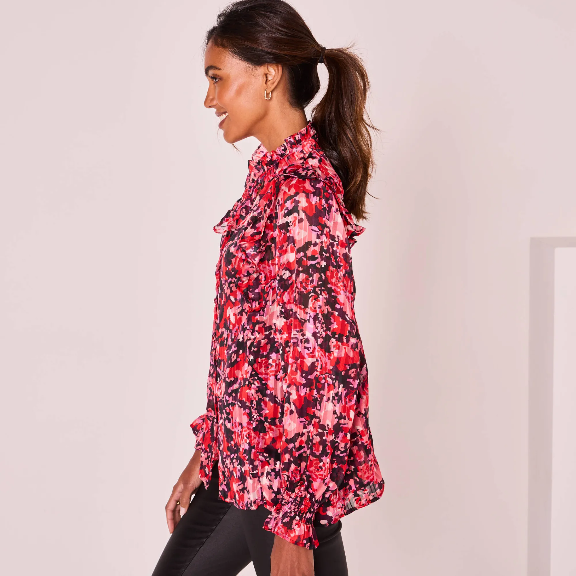 Feestoutfits Dames|Bloes En Tuniek<Blancheporte Bedrukte bloes met officierskraag en strookjes pruim / rood