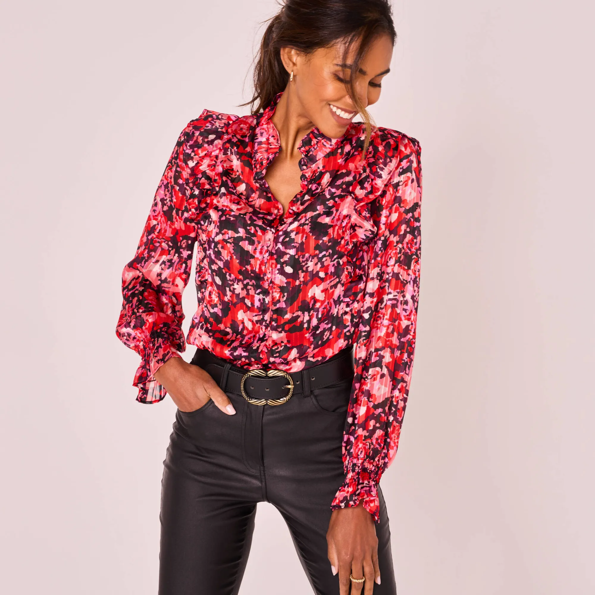 Feestoutfits Dames|Bloes En Tuniek<Blancheporte Bedrukte bloes met officierskraag en strookjes pruim / rood