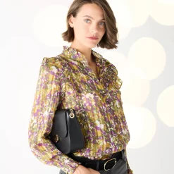 Feestoutfits Dames|Bloes En Tuniek<Blancheporte Bedrukte bloes met officierskraag en strookjes bronskleur / violine