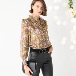 Feestoutfits Dames|Bloes En Tuniek<Blancheporte Bedrukte bloes met officierskraag en strookjes bronskleur / violine