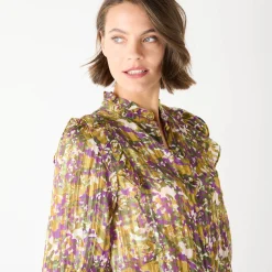 Feestoutfits Dames|Bloes En Tuniek<Blancheporte Bedrukte bloes met officierskraag en strookjes bronskleur / violine