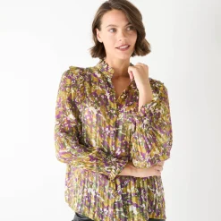 Feestoutfits Dames|Bloes En Tuniek<Blancheporte Bedrukte bloes met officierskraag en strookjes bronskleur / violine