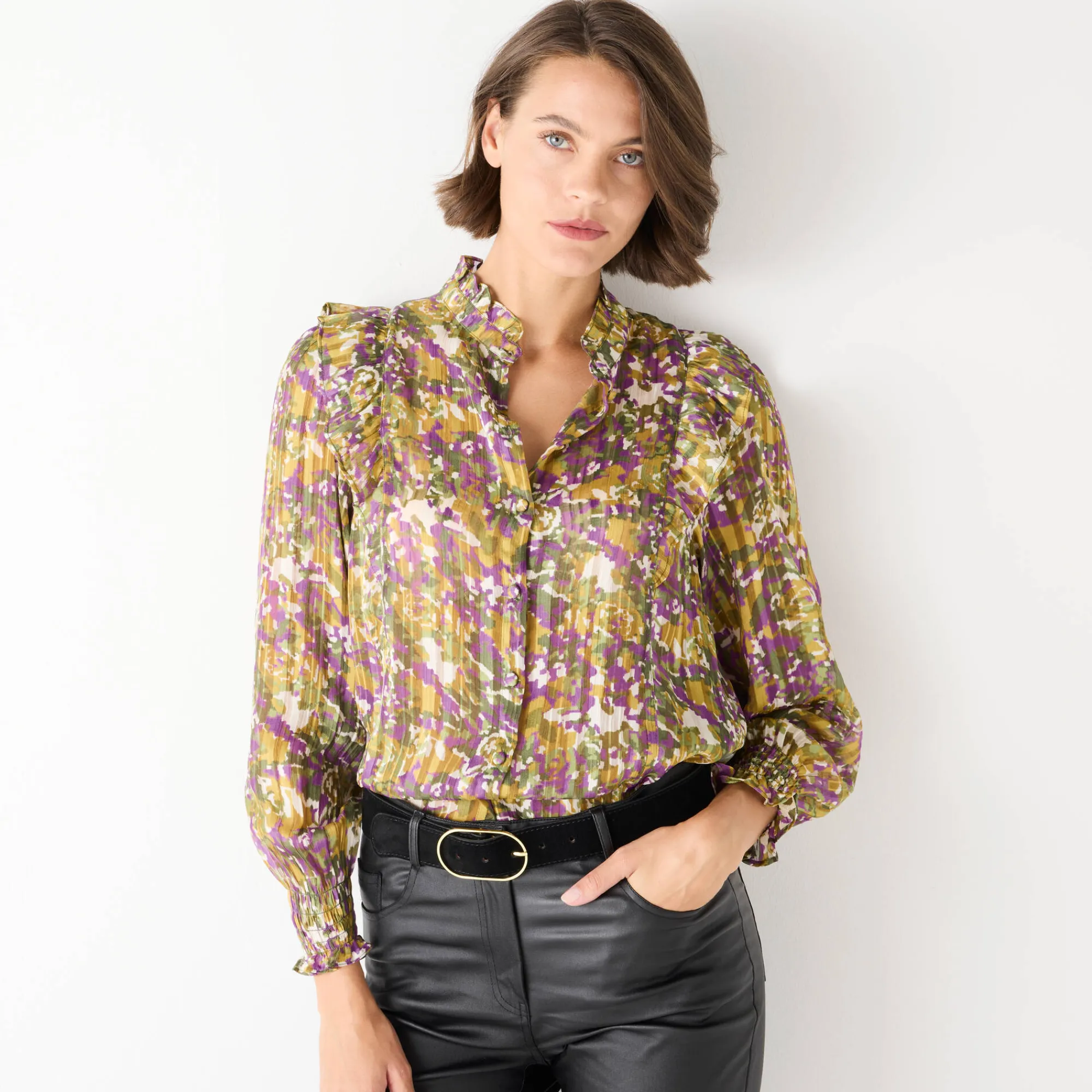 Feestoutfits Dames|Bloes En Tuniek<Blancheporte Bedrukte bloes met officierskraag en strookjes bronskleur / violine