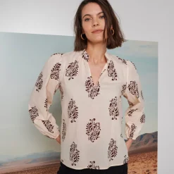 Bloes En Tuniek<Blancheporte Bedrukte bloes met opstaande kraag, bloezende mouwen beige / chocolade