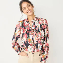 Bloes En Tuniek<Blancheporte Bedrukte bloes met ruchekraag, crepon marine / roze