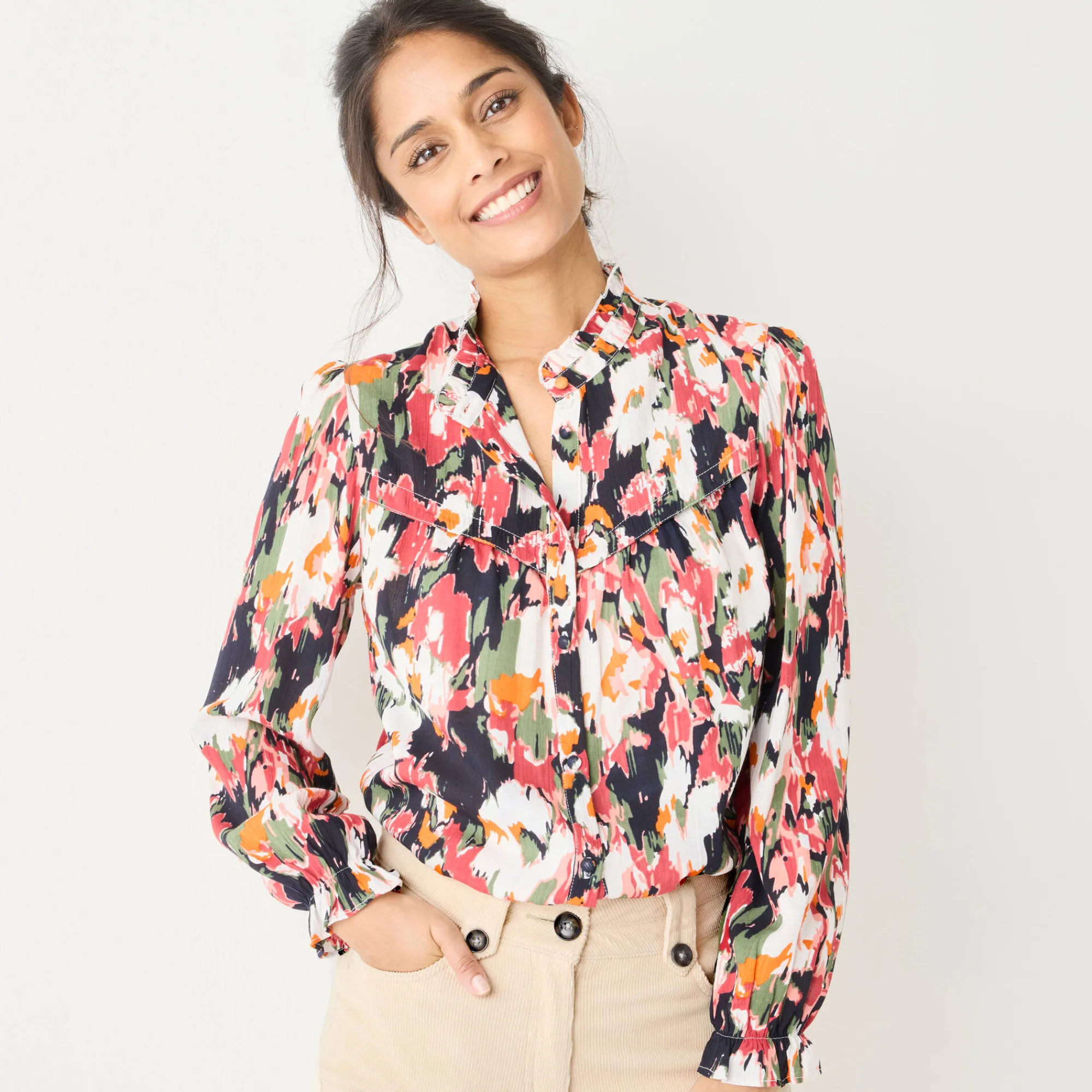Bloes En Tuniek<Blancheporte Bedrukte bloes met ruchekraag, crepon marine / roze