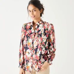 Bloes En Tuniek<Blancheporte Bedrukte bloes met ruchekraag, crepon marine / roze