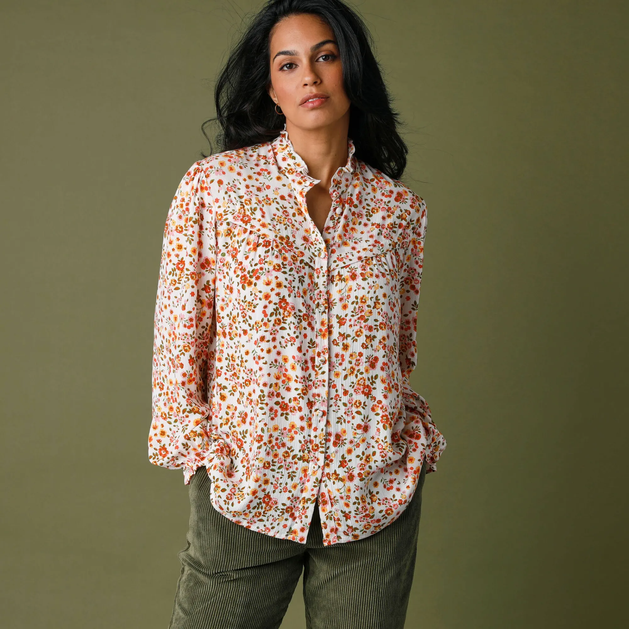 Bloes En Tuniek<Blancheporte Bedrukte bloes met stroken, crepon ecru / honing
