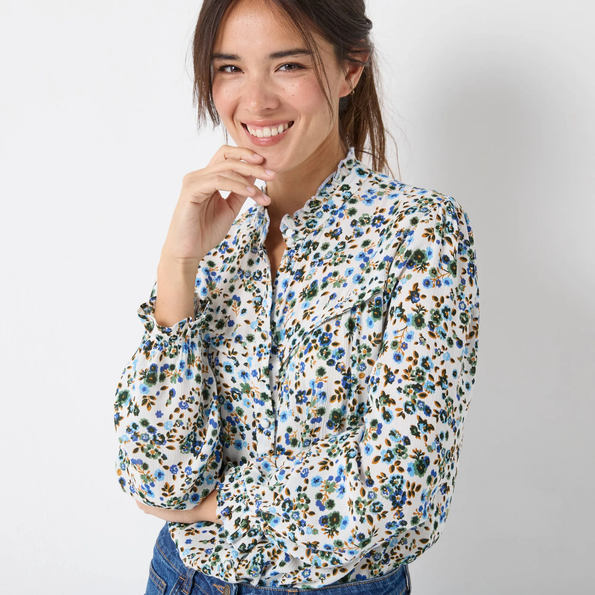 Bloes En Tuniek<Blancheporte Bedrukte bloes met stroken, crepon ecru / blauw