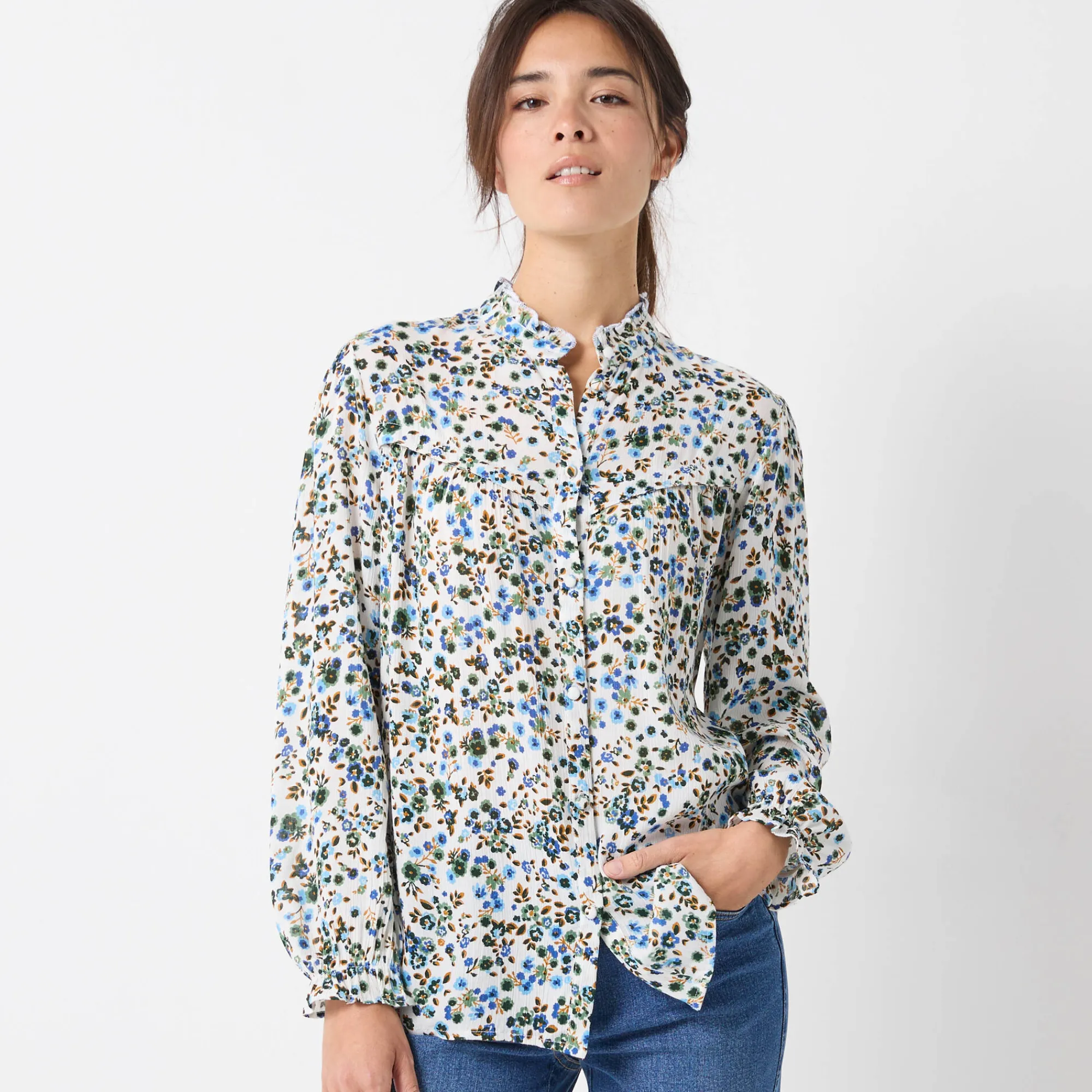 Bloes En Tuniek<Blancheporte Bedrukte bloes met stroken, crepon ecru / blauw