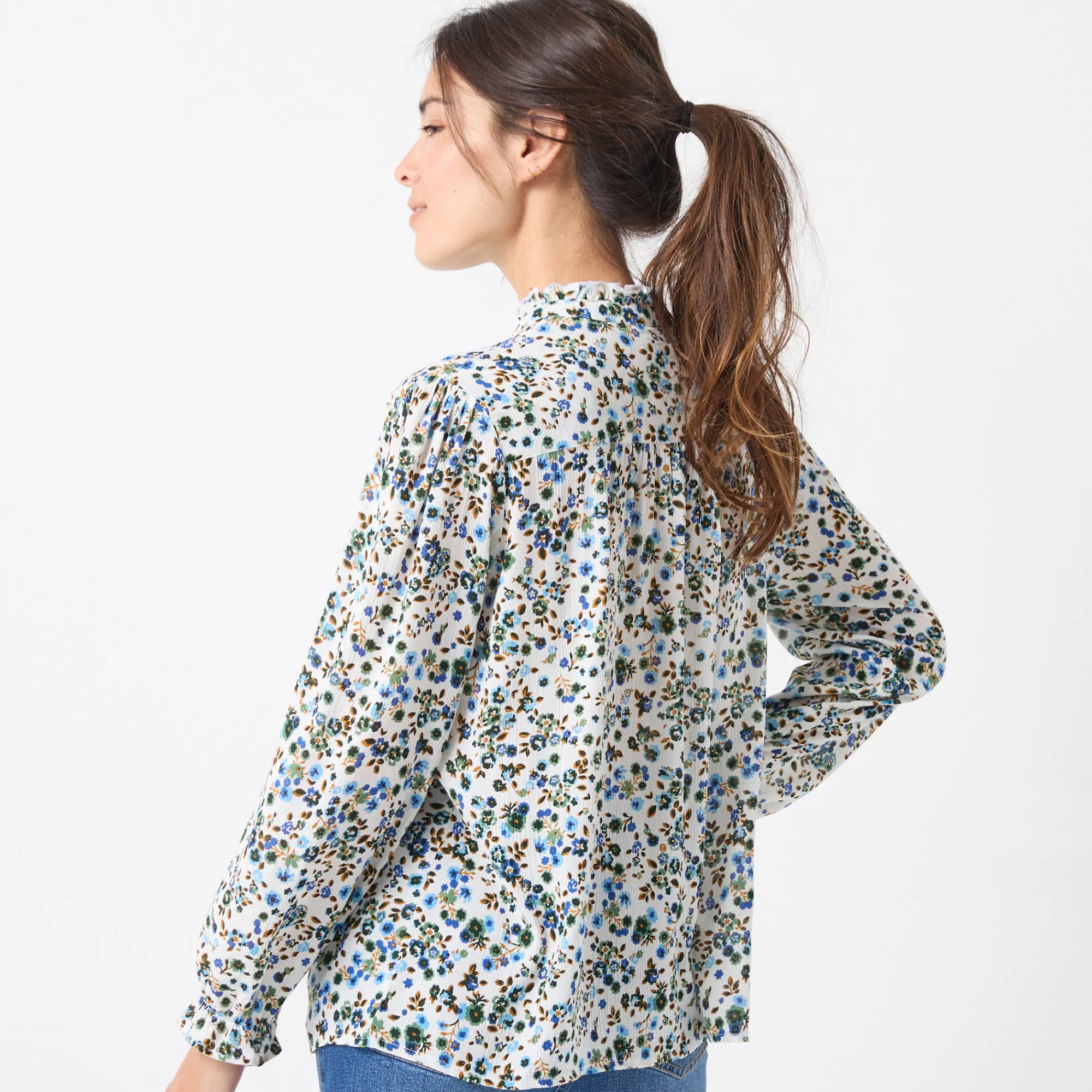 Bloes En Tuniek<Blancheporte Bedrukte bloes met stroken, crepon ecru / blauw